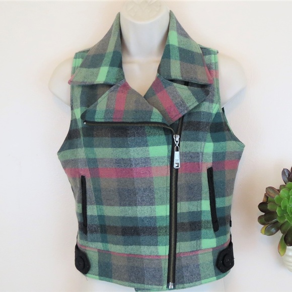 DEPT Jackets & Blazers - D.E.P.T. Green Plaid Motorcycle Vest S